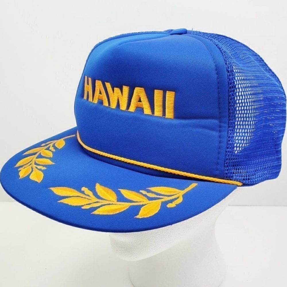 Hawaiian Headwear Vintage Hawaii Trucker Snapback Hat Foam Mesh Gold Leaf Corded